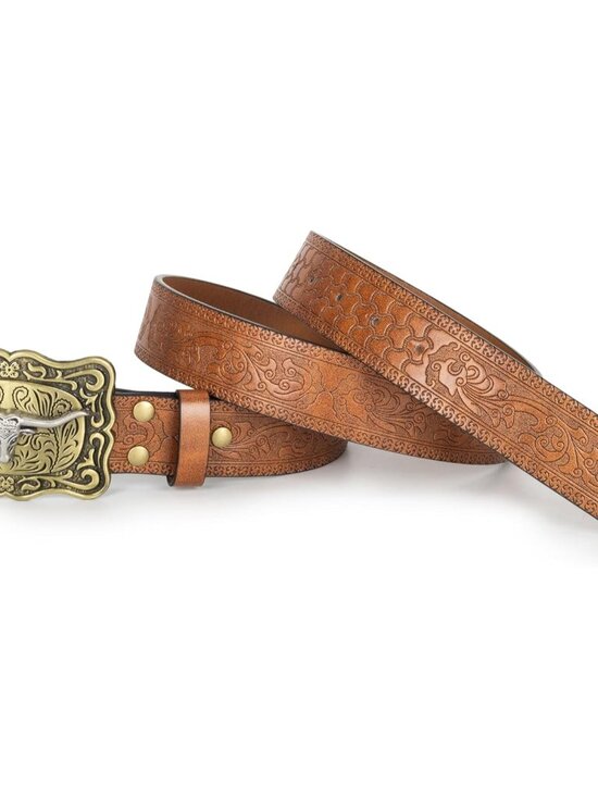 Women's Brown 2 Western Pu Leather Longhorn Bull Turquoise Embossed Buckle Belt - Picture 5 of 7